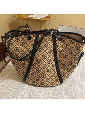New Tory Burch T Monogram Spaghetti Strap Raffia Black Tote Leather Bag Woven